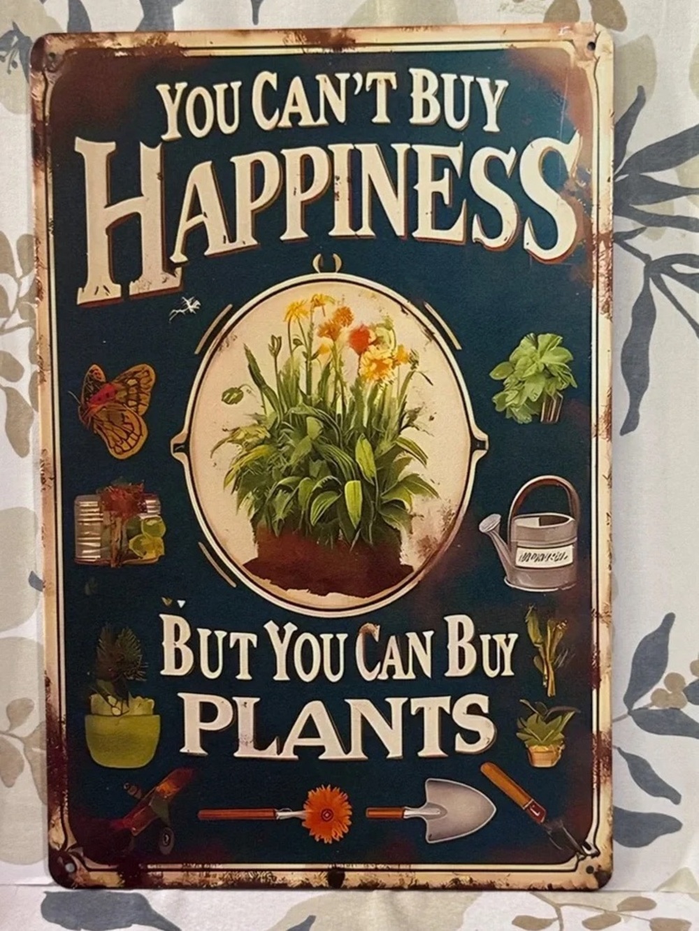 Vintage-Style 'You Can't Buy Happiness But You Can Buy Plants' Wall Sign - Green
